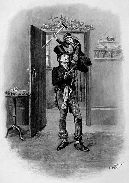 Bob Cratchit holding his son, Tiny Tim. In 'A Christmas Carol', Bob and his beloved family reside in Camden...