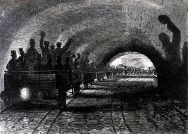 Open wagons rumbling through the world's first underground railway... no need for air conditioning here!