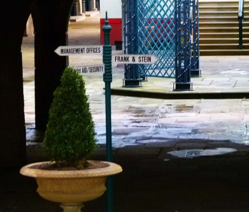 A lonely signpost indicating 'Frank & Steins';  which, for eight years, was the only shop open in Tobacco Dock.