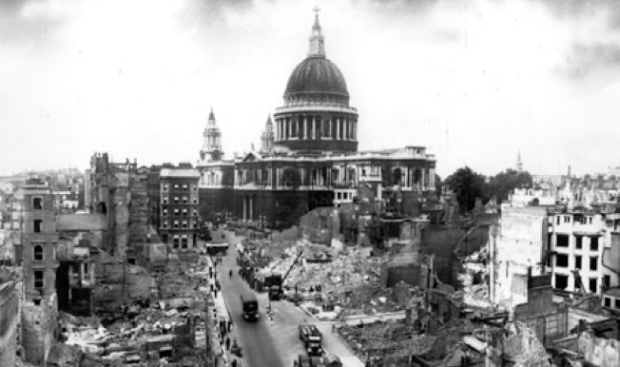 This view of St Paul's from the vicinity of Cannon Street demonstrates the devastation suffered in the area. 