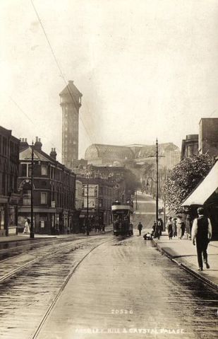 Happier days... Crystal Palace & one of Brunel's water towers, as seen from Anerley Hill (image: Wikipedia).