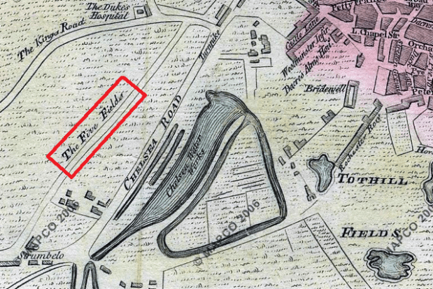 Early 18th century map of 'Five Fields' (image: Old London Maps).