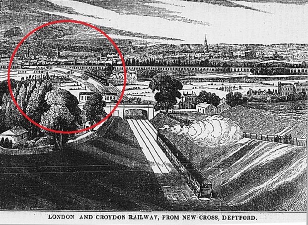 Early depiction of the London and Croydon Railway's southern branch. The junction at Corbetts Lane is circled in red (image: Wikipedia).
