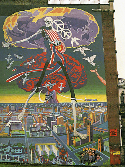 Nuclear Dawn; Brian Barnes' other south London anti-war mural, pictured here in 1981 (Image: djfood.com). 