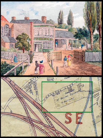 The St Helena Tavern and  map indicating its former location. 