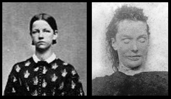 Elizabeth Stride in life and death... the image on the right was taken inside the former mortuary. 