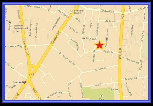 Map indicating the location of 87 Hackford Road (image: Google).