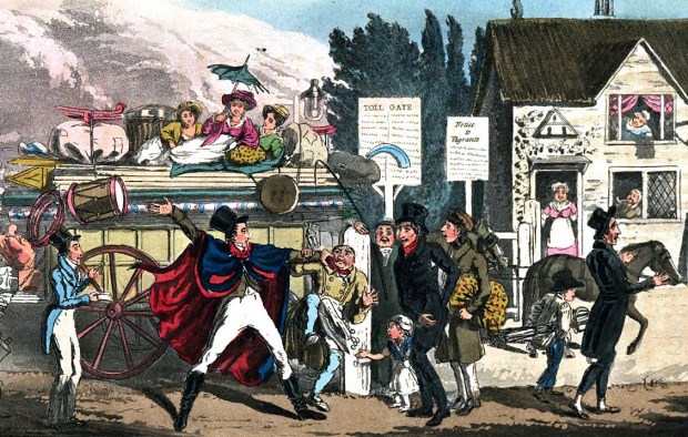 A rowdy group of travellers causing trouble at a turnpike, 1825.
