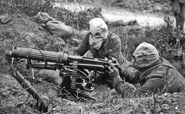 Gas masked troops from the Machine Gun Corps at the Battle of the Somme, 1916. 