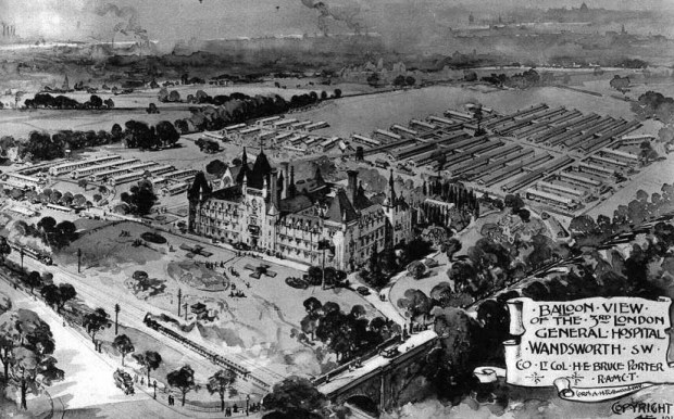 Postcard displaying the 3rd London General Hospital, Wandsworth. The railway lines, which delivered wounded troops can be seen to the south, the overflow tent-wards towards the north.