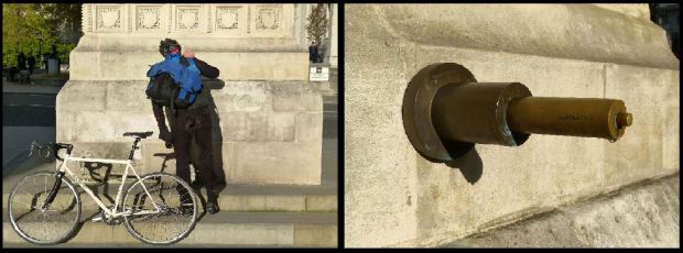 A cyclist fills up from the Victorian fountain- the pipe is ideal for topping up water bottles. 