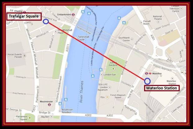 Approximate route of the long abandoned Waterloo and Whitehall Railway.  