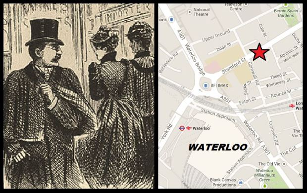 Map of Stamford Street and Victorian magazine sketch depicting Dr Cream stalking Alice and Emma