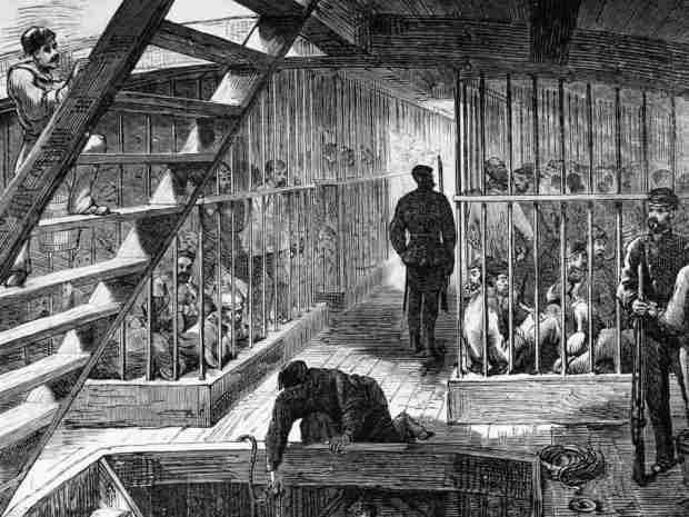 Caged convicts on a ship bound for Australia. The average journey time to the penal colony was 102 days