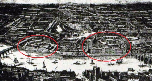 Contemporary sketch showing the proximity of Millbank Penitentiary to the Houses of Parliament